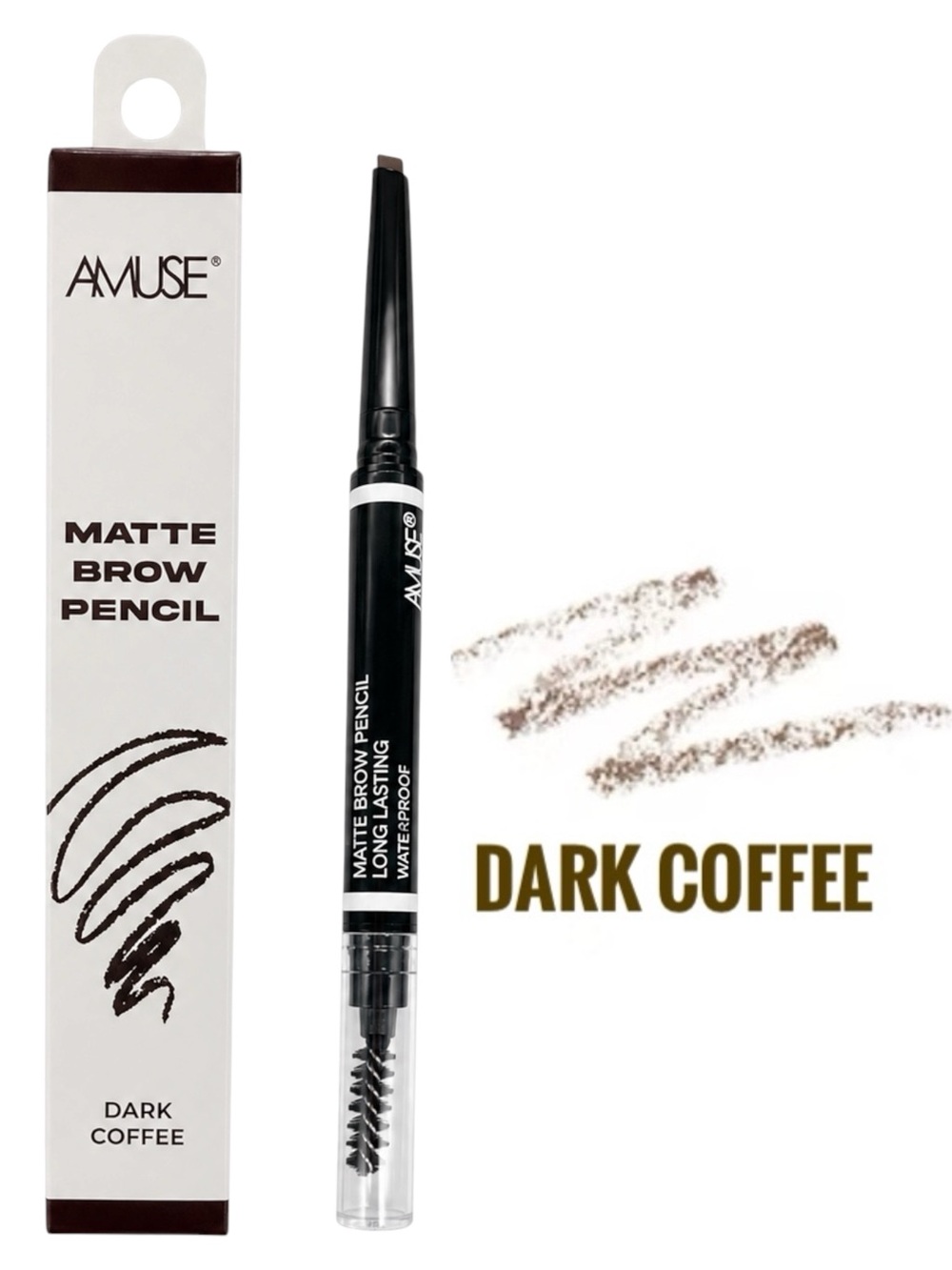 New AMUSE Dark Brown Matte Twist-Up Spoolie Brush Long-lasting Brow Pencil
